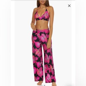 Trina Turk Fleury Swim Cover Up Silky pink and black floral pants NWT